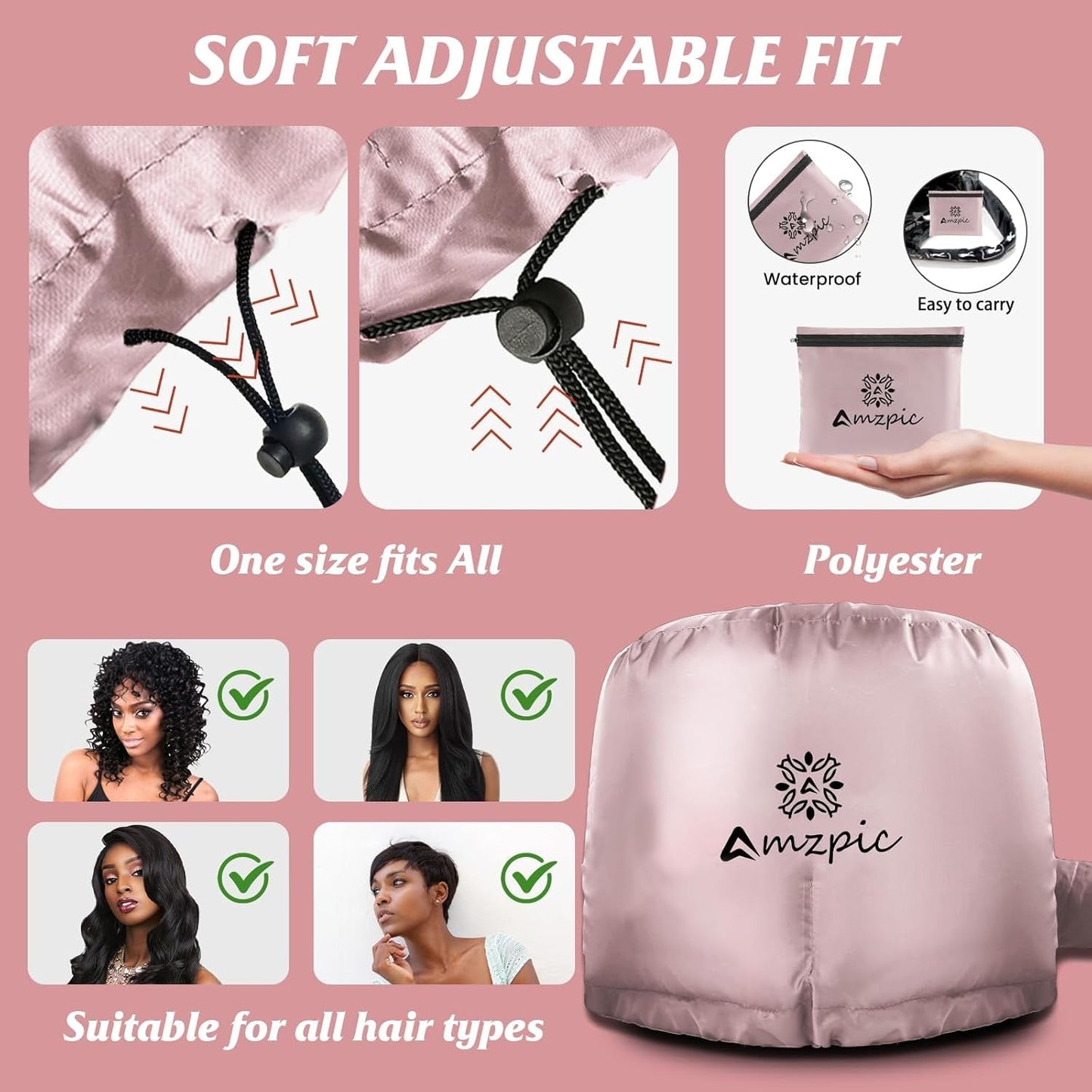 Bonnet Hood Hair Dryer Attachment - Soft, Adjustable Extra Large Bonnet Hair Dryer for Speeds up Drying Time at Home, Easy to Use for Styling, Curling and Deep Conditioning (Pink)