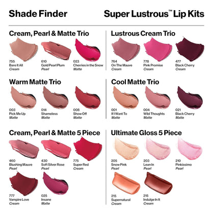 Super Lustrous 5-Piece Lipstick Gift Set, High Impact, Moisturizing, 460 Blushing Mauve & 430 Soft Silver Rose (Pearl), 775 Super Red & 777 Vampire Love (Cream), 025 Insane (Matte), 0.75 Oz