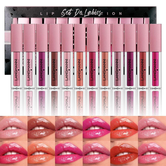 12Pcs Lip Gloss Collection Makeup Set, Shiny Smooth Soft Liquid Lip Glosses Lip Stain with Rich Varied Colors for Girls and Women Makeup (Glossy-A)