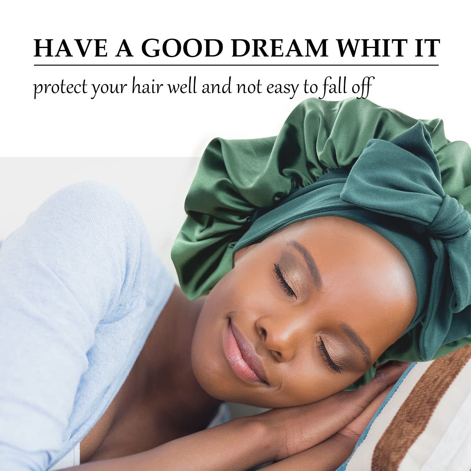 Satin Silk Hair Bonnet for Sleeping Large Bonnets with Tie Band Hair Wrap with Adjustable Straps Hair Cap Night Sleep Caps for Women Curly Braid Hair Hunter Green