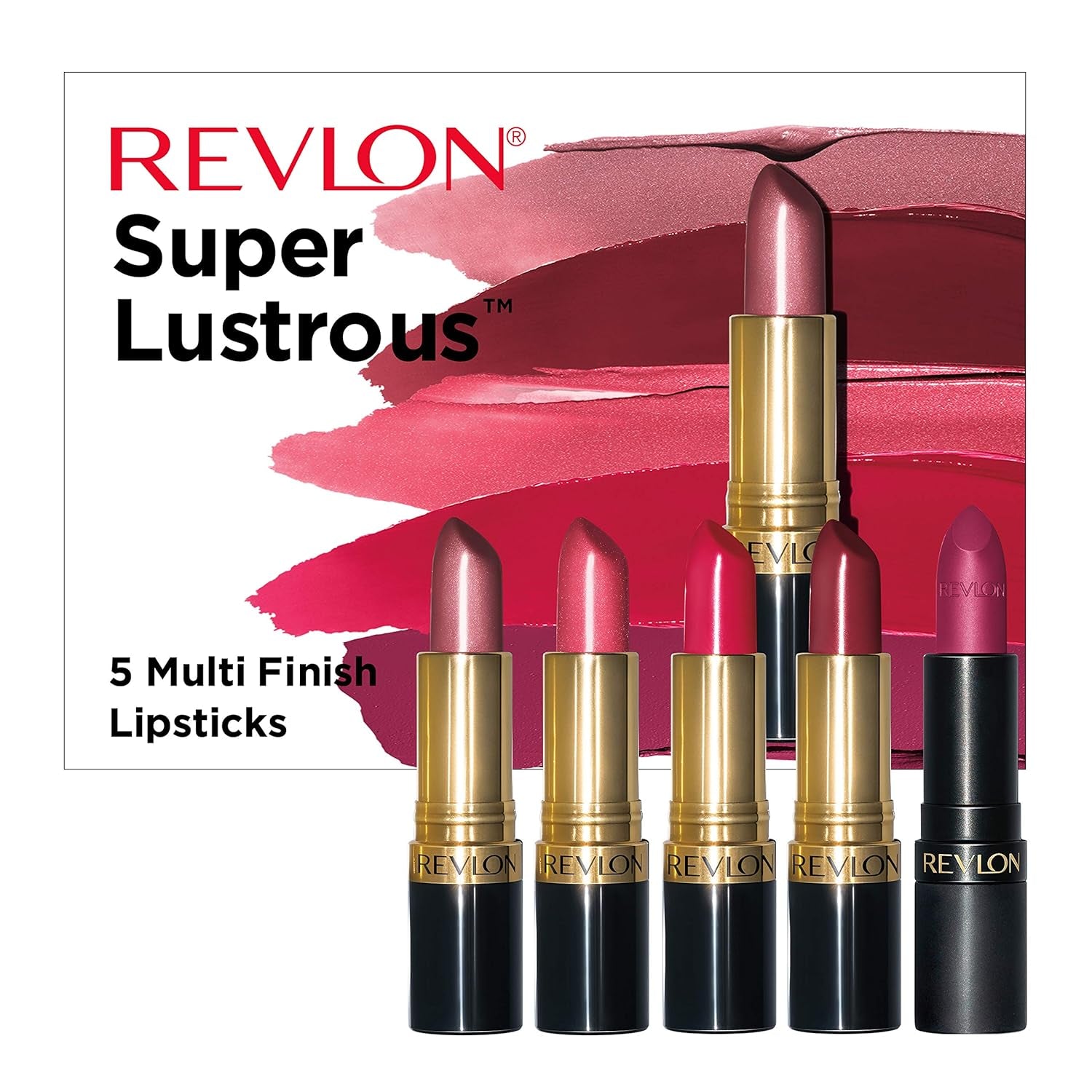 Super Lustrous 5-Piece Lipstick Gift Set, High Impact, Moisturizing, 460 Blushing Mauve & 430 Soft Silver Rose (Pearl), 775 Super Red & 777 Vampire Love (Cream), 025 Insane (Matte), 0.75 Oz