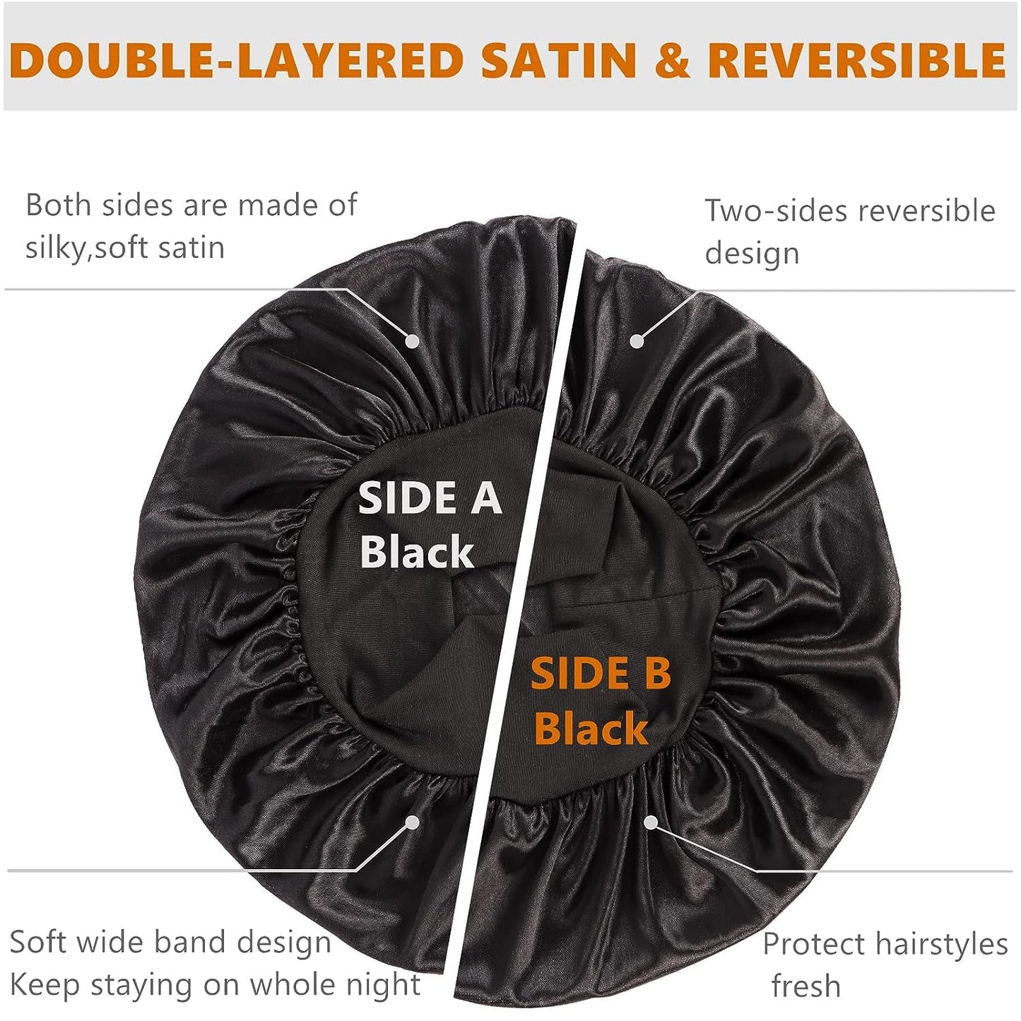 Bonnet for Men,Hair Bonnet for Sleeping,Double Layer Satin Bonnets for Black Women Curly Hair Braids,Reversible Sleep Cap (Large,Black/Black)