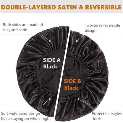 Bonnet for Men,Hair Bonnet for Sleeping,Double Layer Satin Bonnets for Black Women Curly Hair Braids,Reversible Sleep Cap (Large,Black/Black)