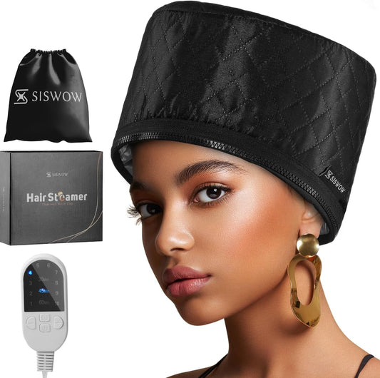 Professional Hair Steamer for Natural Hair with 10 Heat Settings - Quick Heating Thermal Cap for Deep Conditioning, Ideal for Black Hair (Black)