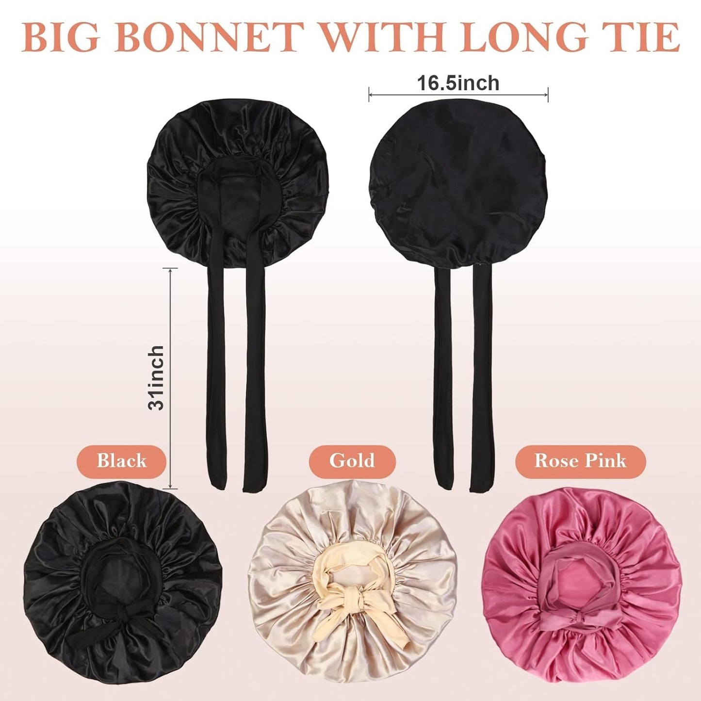 3Pcs Bonnet for Sleeping, Extra Satin Silk Bonnet for Sleeping Women with Tie Band for Curly Hair Jumbo Bonnet Braids