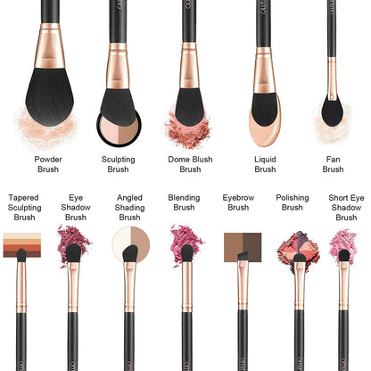 Makeup Brush Set Professional, 12 Pearlescent Wood Handle Makeup Brushes, Premium Cruelty-Free Synthetic Fiber Hair, Travel Make up Brushes Set with Case (Black).