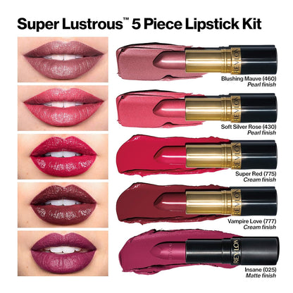 Super Lustrous 5-Piece Lipstick Gift Set, High Impact, Moisturizing, 460 Blushing Mauve & 430 Soft Silver Rose (Pearl), 775 Super Red & 777 Vampire Love (Cream), 025 Insane (Matte), 0.75 Oz