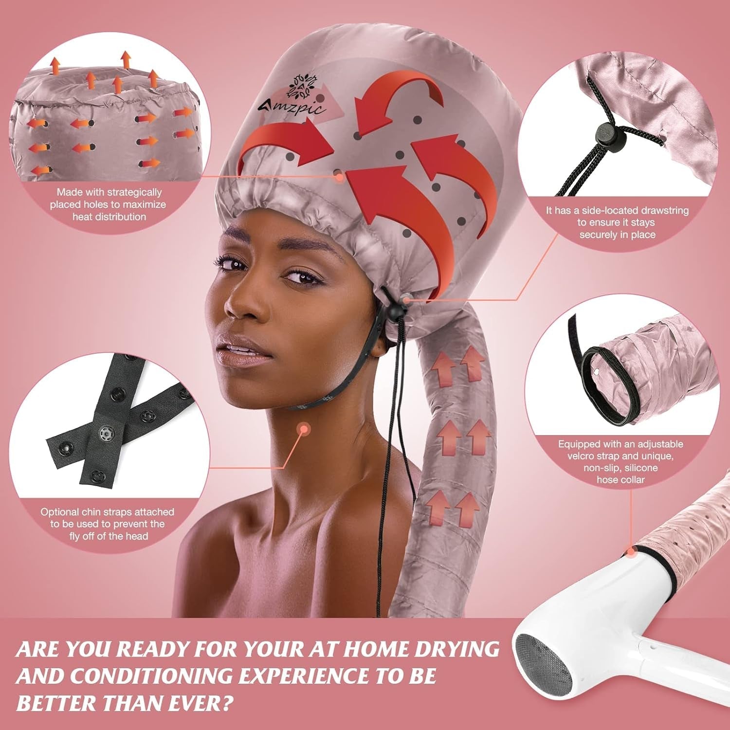 Bonnet Hood Hair Dryer Attachment - Soft, Adjustable Extra Large Bonnet Hair Dryer for Speeds up Drying Time at Home, Easy to Use for Styling, Curling and Deep Conditioning (Pink)