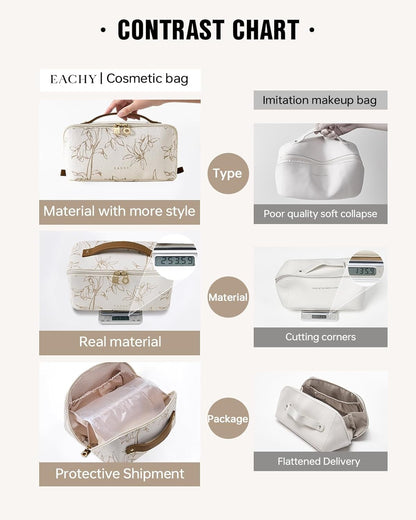 Travel Makeup Bag, Large Capacity Cosmetic Bags for Women, Waterproof Portable Pouch Open Flat Toiletry Bag Pattern Make up Bag (F-Beige)