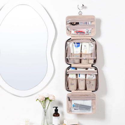 Travel Toiletry Bag for Women, Portable Hanging Organizer for Travel-Sized Shampoo, Conditioner, Brushes Set, Makeup Accessories, Medium Size, Pink