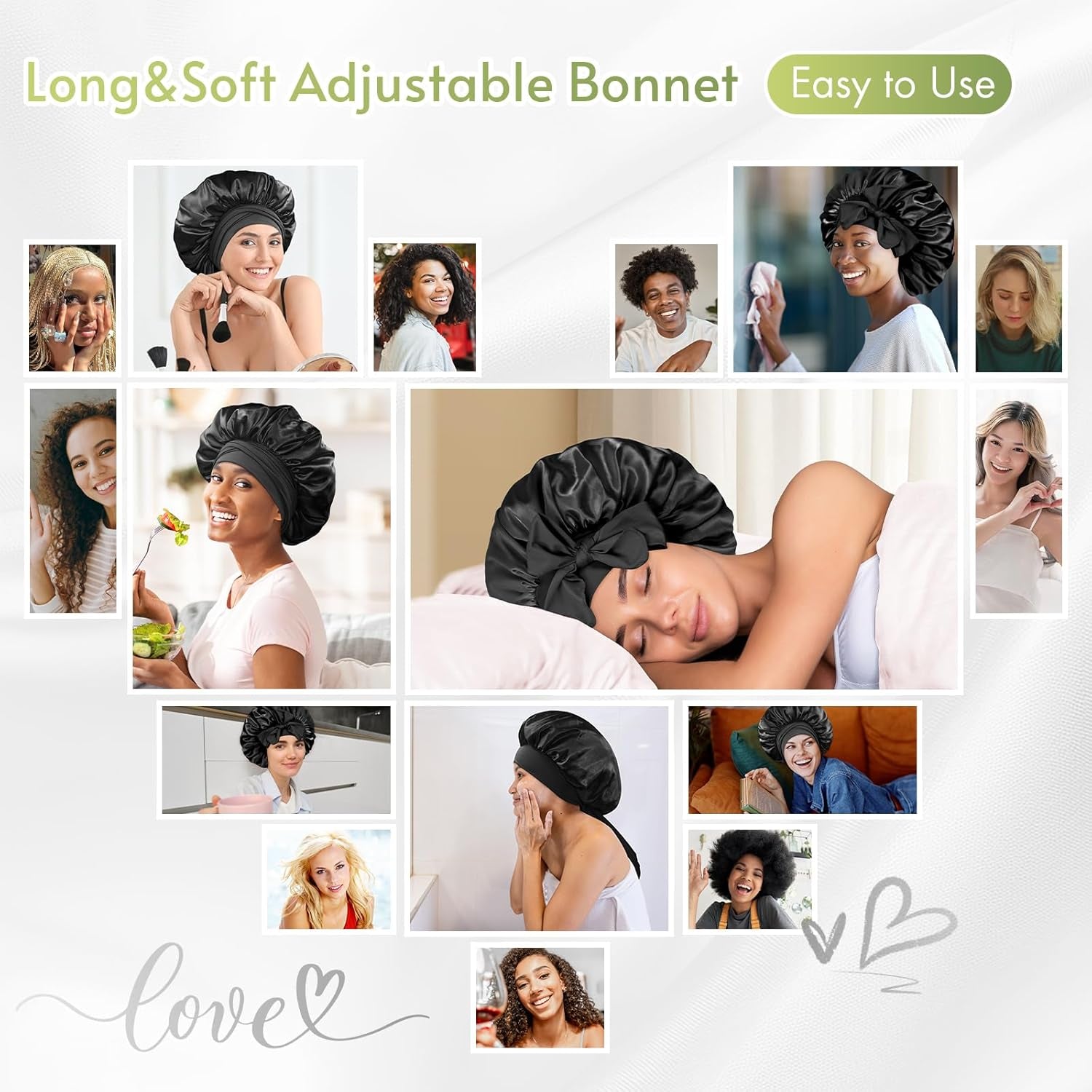 Silk Sleep Bonnet for Women - Satin Hair Cap with Tie Band for Curly Hair - Black