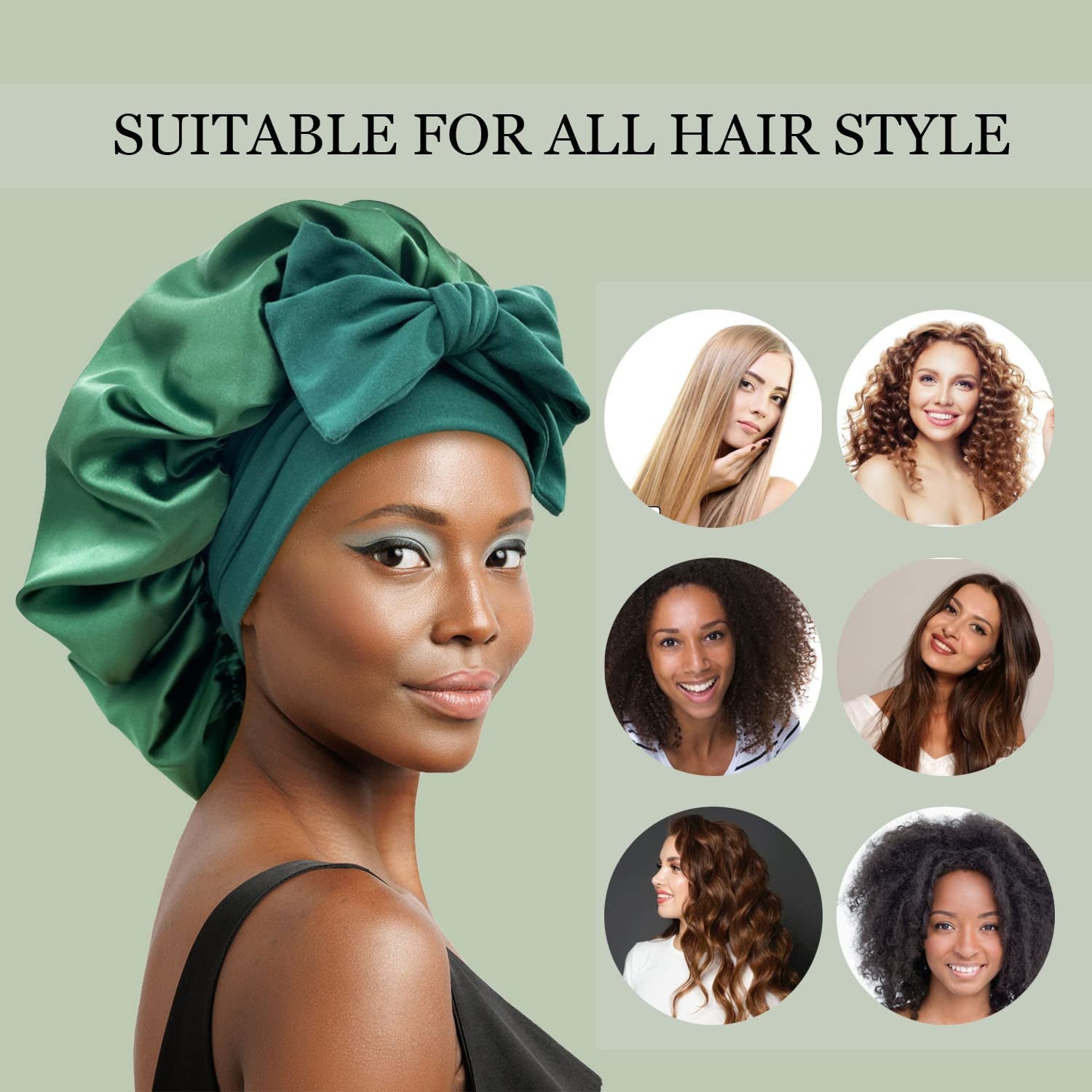 Satin Silk Hair Bonnet for Sleeping Large Bonnets with Tie Band Hair Wrap with Adjustable Straps Hair Cap Night Sleep Caps for Women Curly Braid Hair Hunter Green