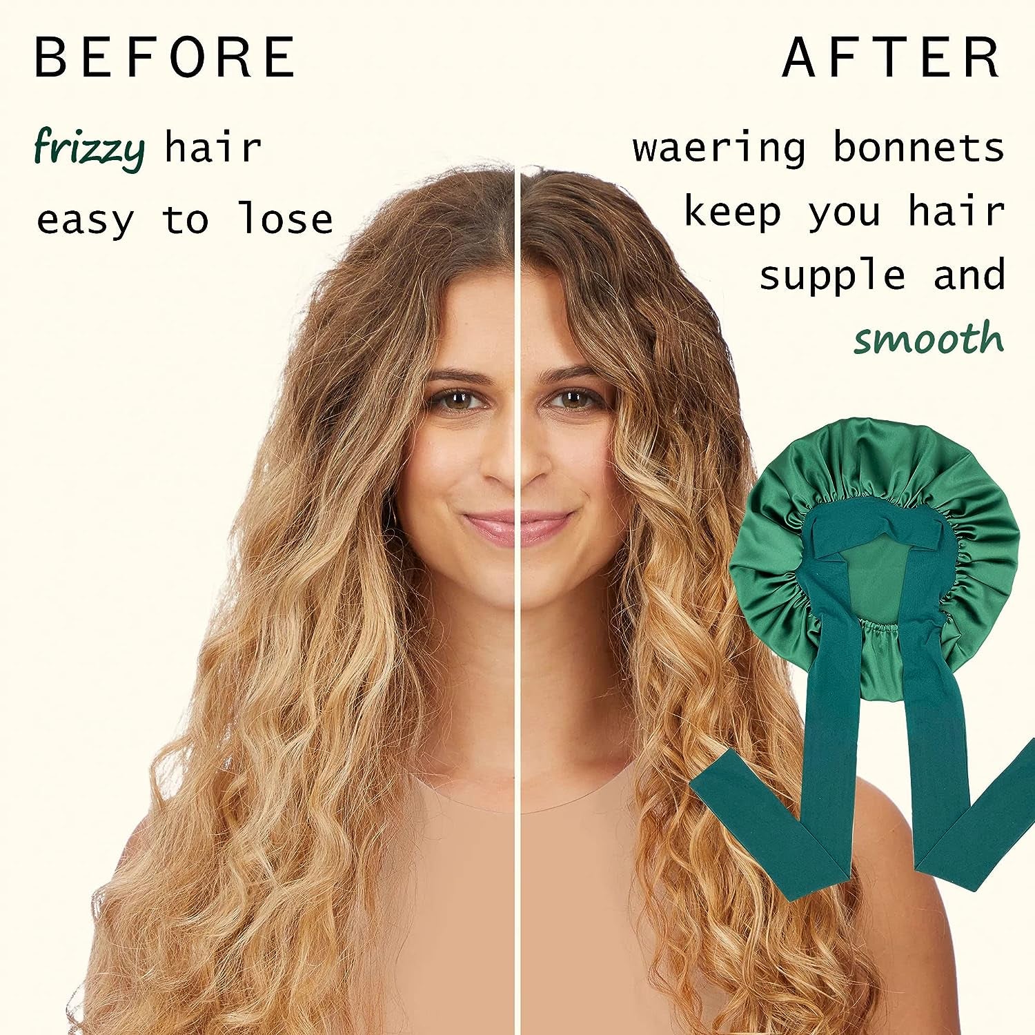 Satin Silk Hair Bonnet for Sleeping Large Bonnets with Tie Band Hair Wrap with Adjustable Straps Hair Cap Night Sleep Caps for Women Curly Braid Hair Hunter Green