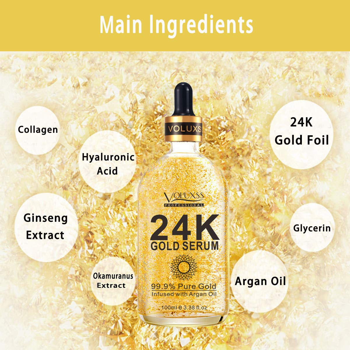 24K Gold Serum for Face,Skin Brightening anti Aging Face Serum Moisturizer with Vitamin C,Hyaluronic Acid & Argan Oil for Dark Spots & Fine Lines,Korean Skin Care Glow Collagen Booster Serum