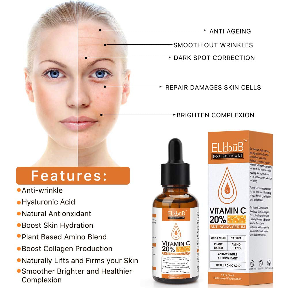 Premium 20% Vitamin C Serum for Face with Hyaluronic Acid, Retinol & Amino Acids - Boost Skin Collagen,Hydrate & Plump Skin, anti Aging & Wrinkle Facial Serum