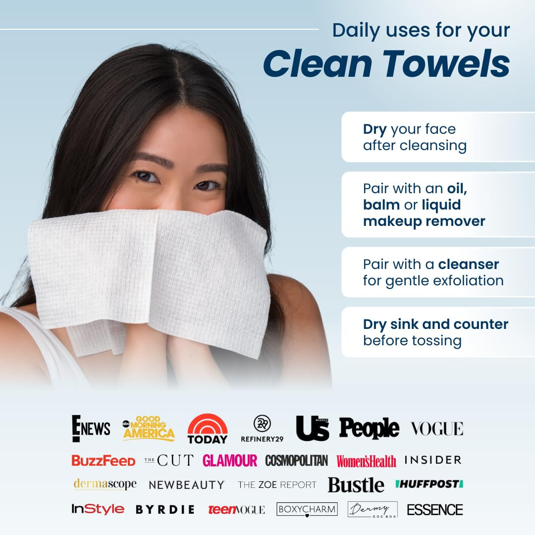 Clean Towels XL™ - 100% USDA Biobased Disposable Face Towelettes, Eczema Association Approved, Ultra Soft Makeup Remover Wipes, 50 Count per Pack