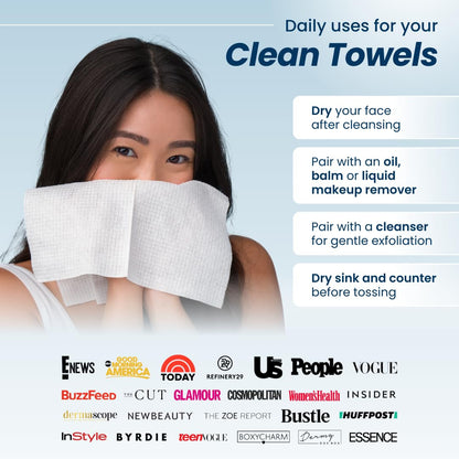 Clean Towels XL™ - 100% USDA Biobased Disposable Face Towelettes, Eczema Association Approved, Ultra Soft Makeup Remover Wipes, 50 Count per Pack
