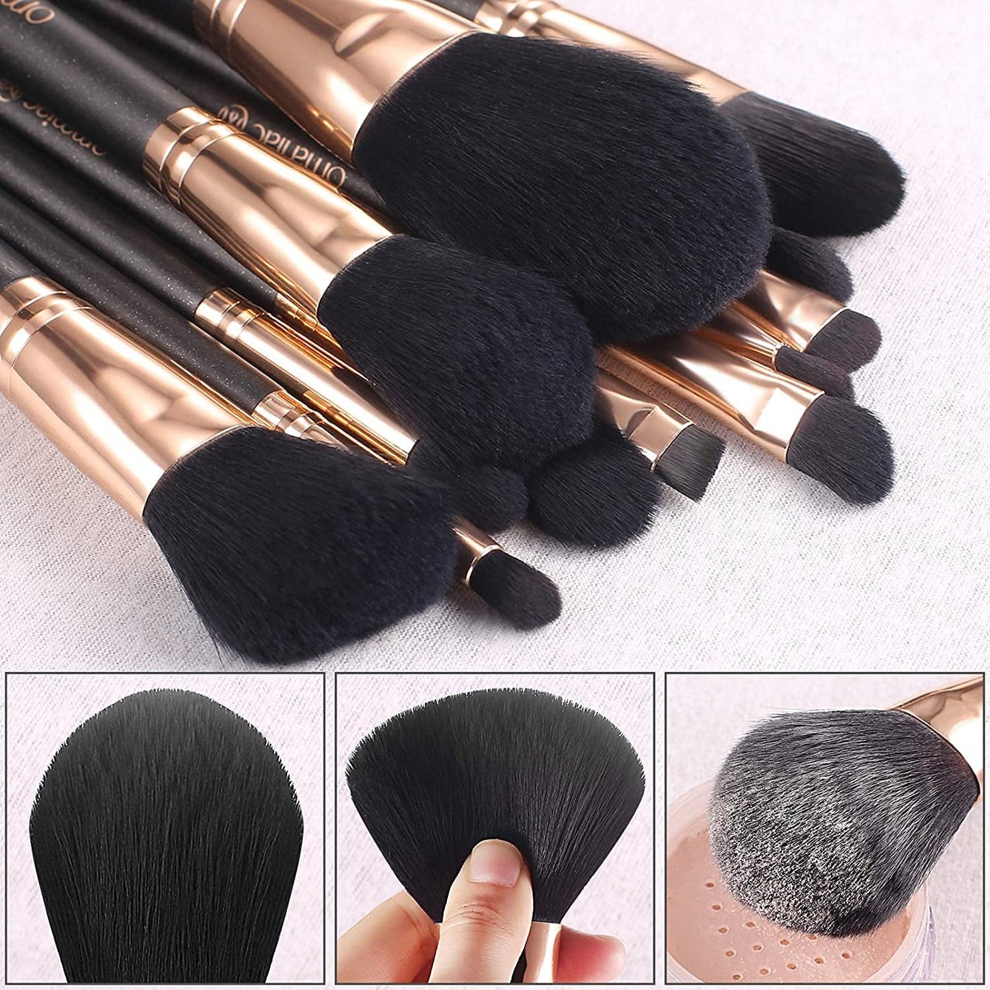 Makeup Brush Set Professional, 12 Pearlescent Wood Handle Makeup Brushes, Premium Cruelty-Free Synthetic Fiber Hair, Travel Make up Brushes Set with Case (Black).