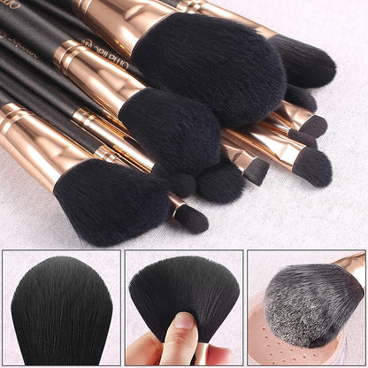 Makeup Brush Set Professional, 12 Pearlescent Wood Handle Makeup Brushes, Premium Cruelty-Free Synthetic Fiber Hair, Travel Make up Brushes Set with Case (Black).