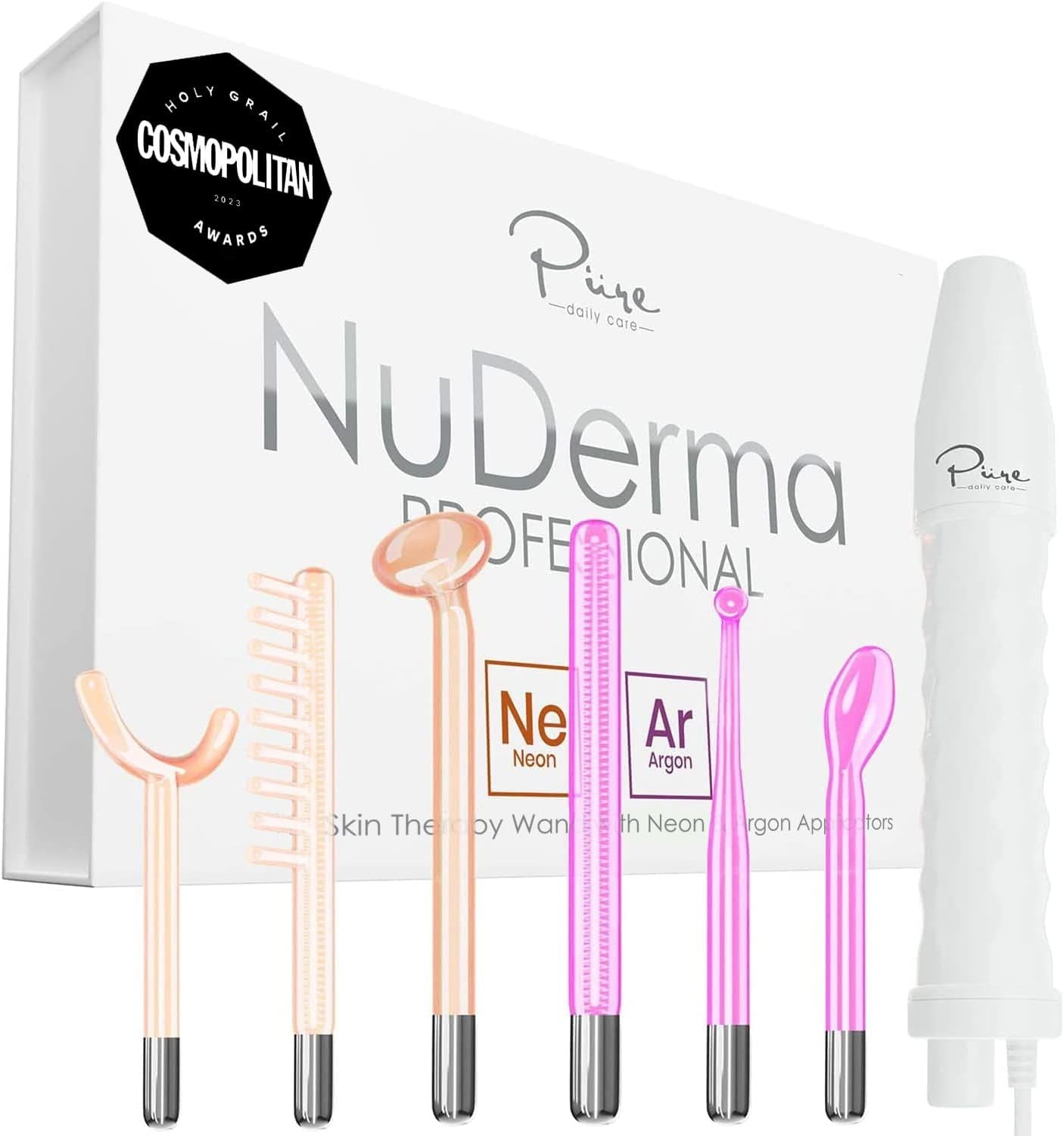 Nuderma Professional Skin Therapy Wand - Portable Device with 6 Neon and Argon Wands for Enhanced Skin Clarity, Firmness, and Tightening