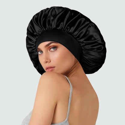 Extra Large Satin Bonnet Hair Cap, 17Inches Silk Bonnet for Sleeping, Jumbo Silk Sleep Cap for Women Braids Curly Hair Locs 1Pcs (Black)