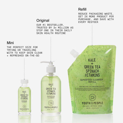 Superfood Facial Cleanser, Kale and Green Tea Spinach Face Wash, Gentle Makeup Remover + Pore Minimizer for All Skin Types, Vegan, Refillable Skincare