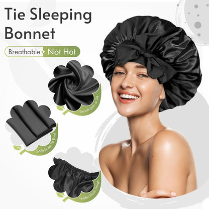 Silk Sleep Bonnet for Women - Satin Hair Cap with Tie Band for Curly Hair - Black