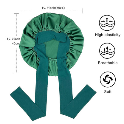 Satin Silk Hair Bonnet for Sleeping Large Bonnets with Tie Band Hair Wrap with Adjustable Straps Hair Cap Night Sleep Caps for Women Curly Braid Hair Hunter Green