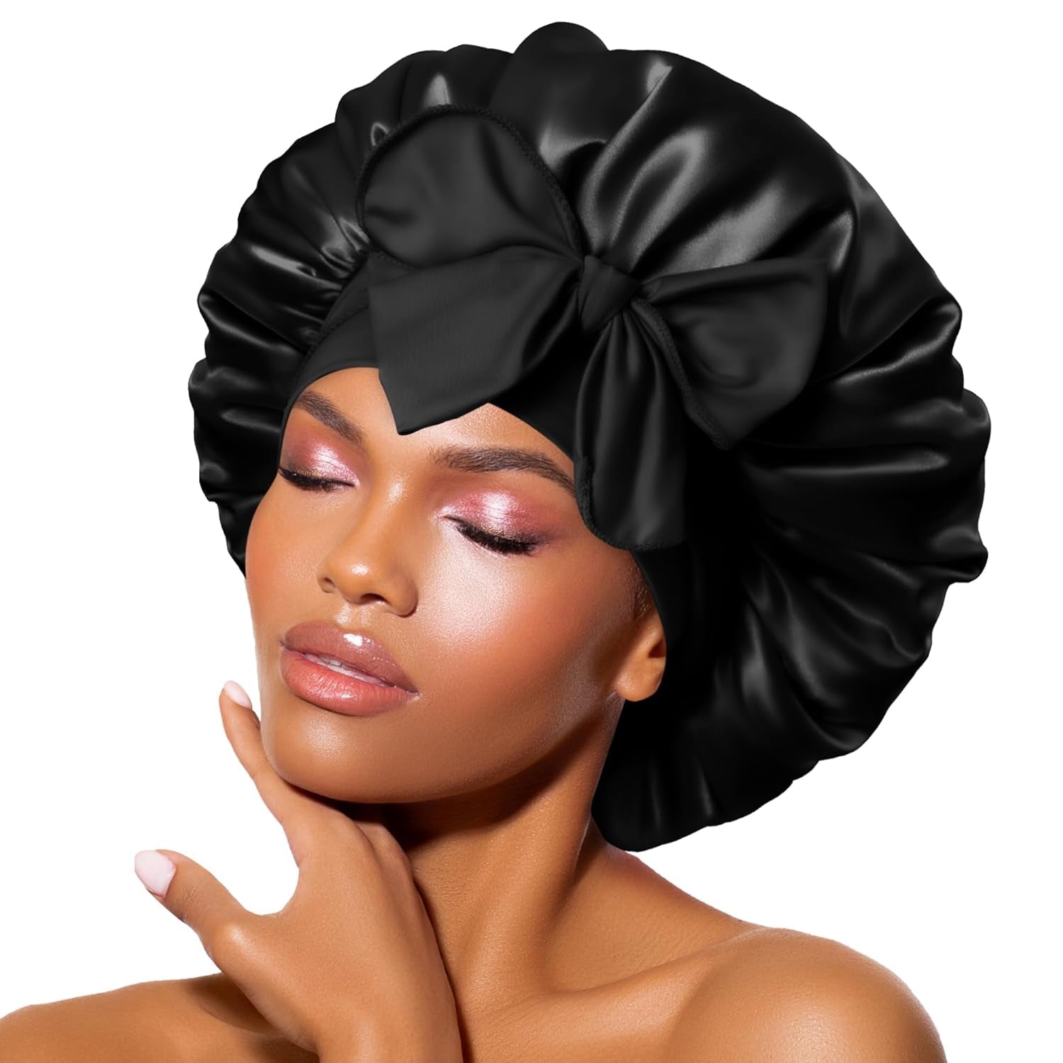 Silk Sleep Bonnet for Women - Satin Hair Cap with Tie Band for Curly Hair - Black