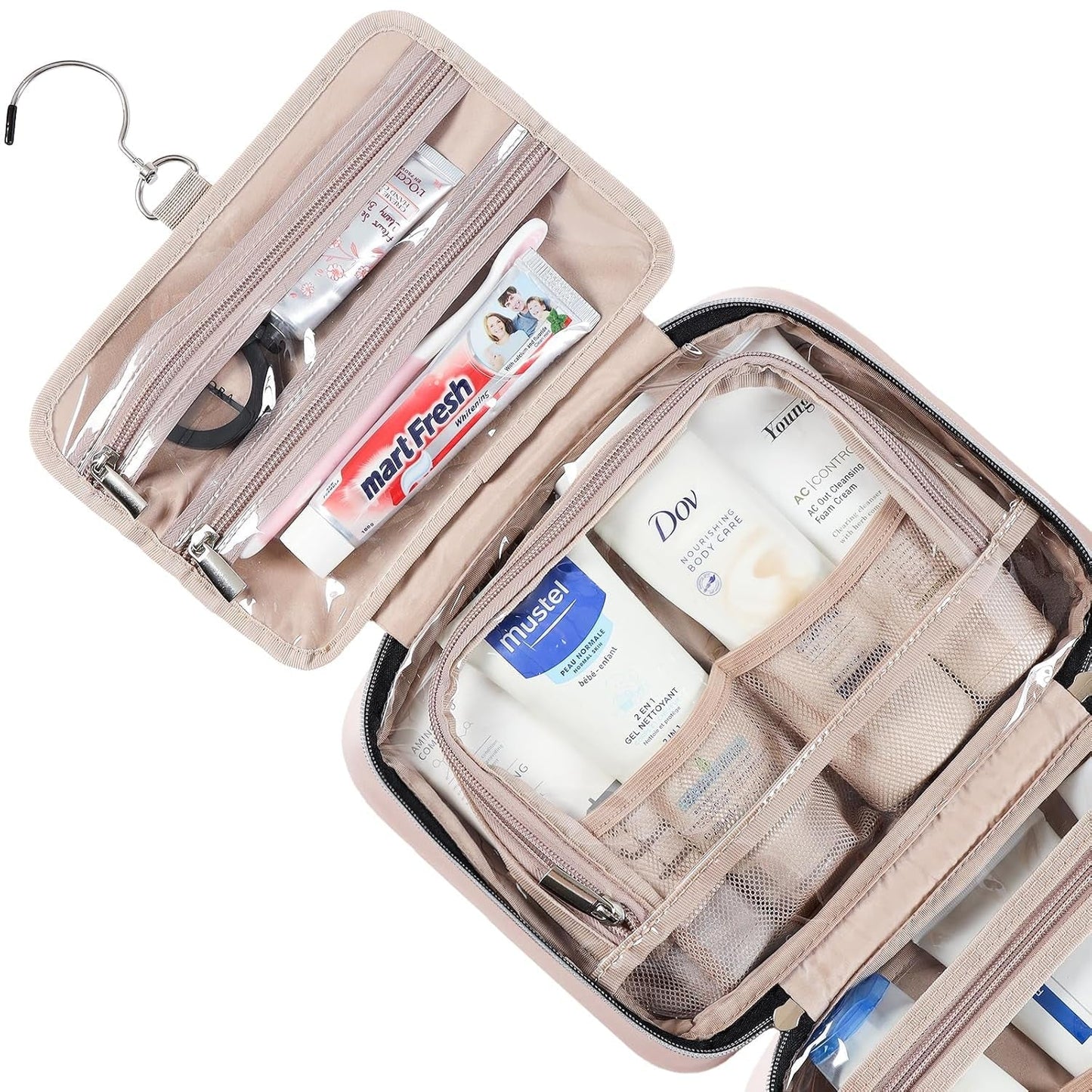 Travel Toiletry Bag for Women, Portable Hanging Organizer for Travel-Sized Shampoo, Conditioner, Brushes Set, Makeup Accessories, Medium Size, Pink