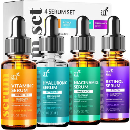 Vitamin C Serum Skin Care 4-Piece Set: Includes Retinol, Hyaluronic Acid & Niacinamide – Anti-Aging, Skin Brightening, Hydrating, Wrinkle Reduction, Dark Spot Corrector – 3-Month Supply –