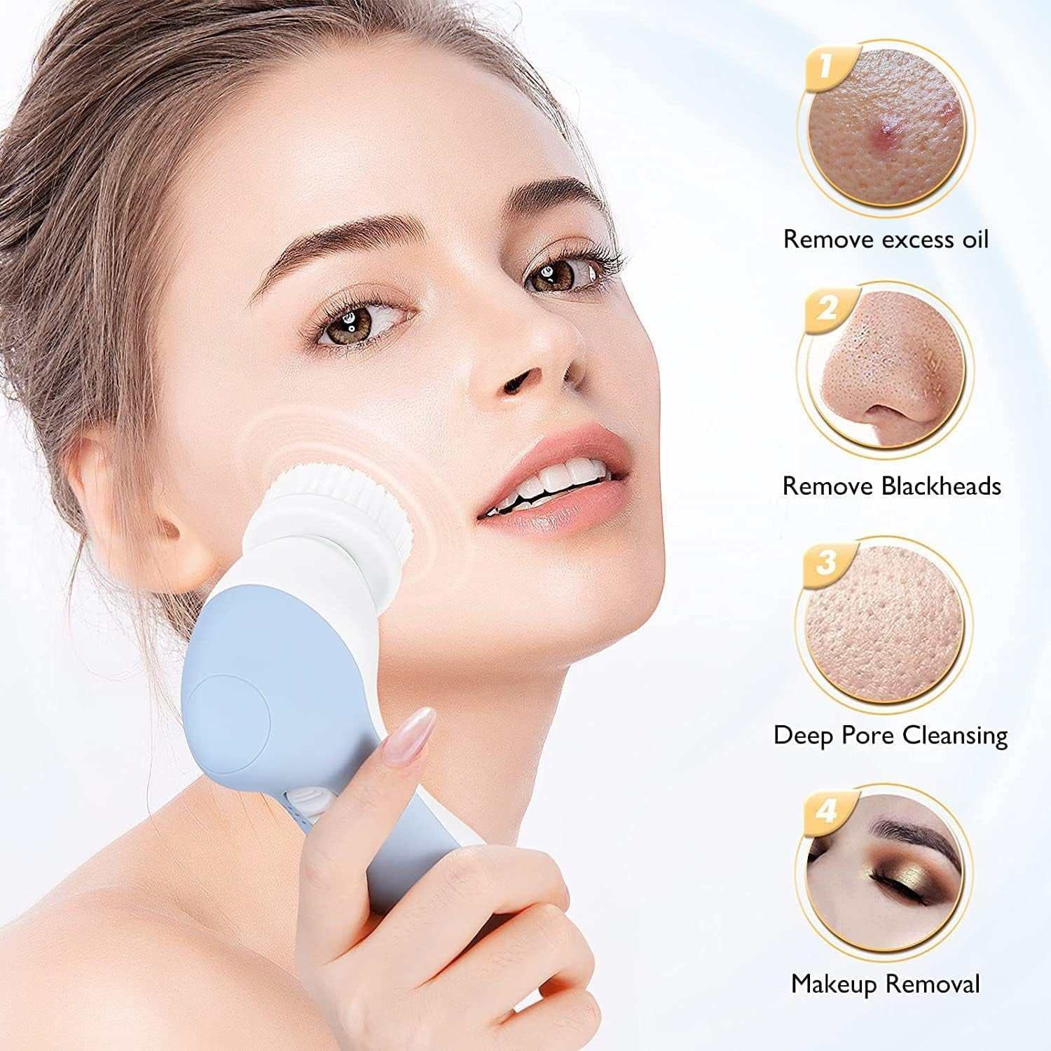 Facial Cleansing Brush Silicone Face Scrubber: 7 in 1 FBS-D Electric Exfoliating Rotating Massage Device Waterproof Deep Cleaning Exfoliation Spa Machine - Electronic Skin Care Wash System
