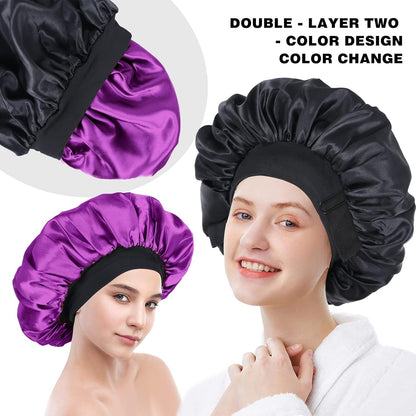 Silk Bonnet for Sleeping Double Layer Satin Bonnet Adjustable Bonnets for Black Women Sleep Cap Reversible Hair Bonnet for Curly Hair (Black and Purple)