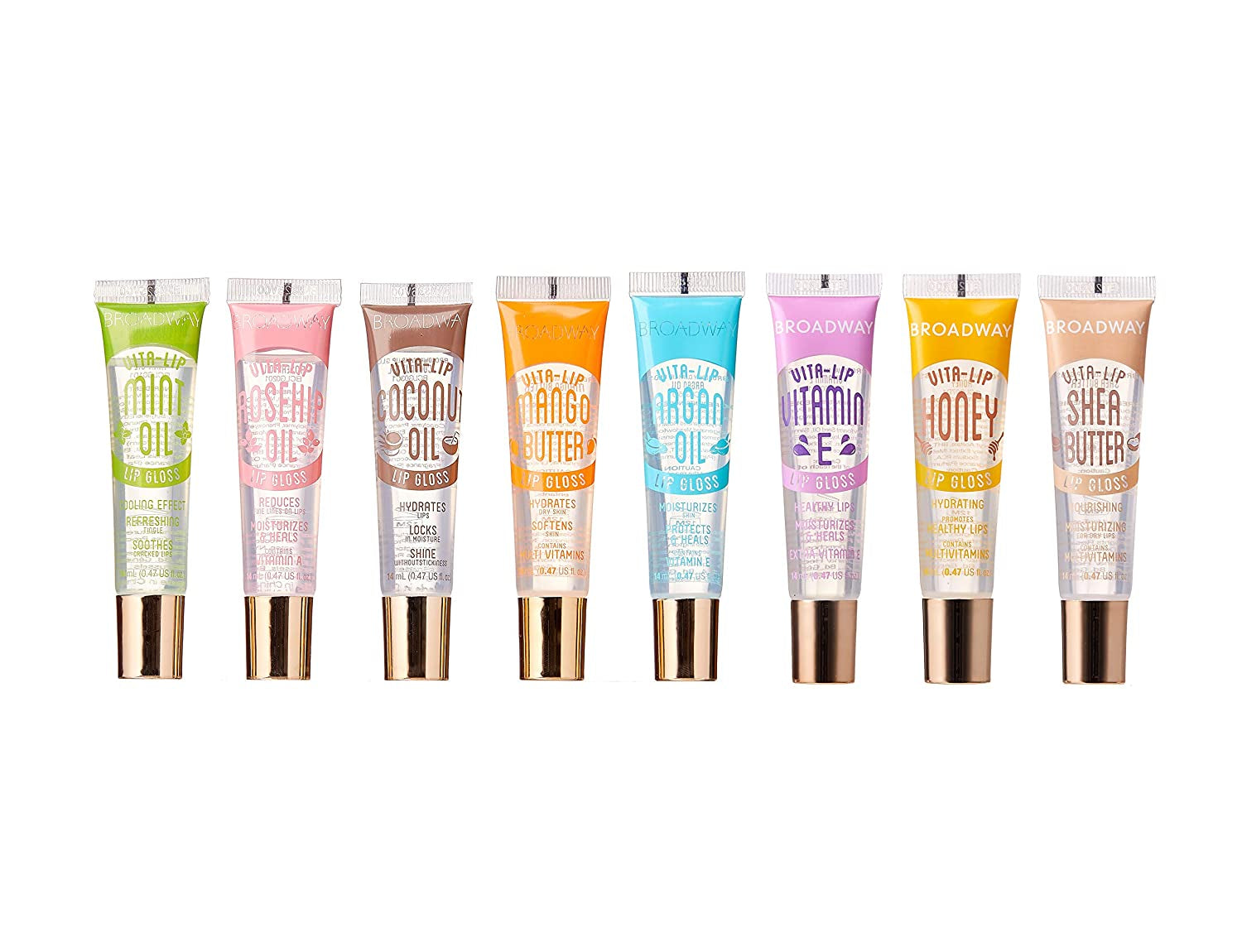 Broadway Vita-Lip Clear Lip Gloss (8 Pack), Ultra-Hydrating & Soothing Formula with Vitamins, High-Shine Non-Sticky Finish Lip Balm with Mint, Rosehip, Coconut, Mango, Argan, Honey, Shea