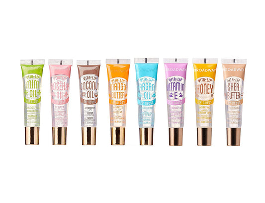 Broadway Vita-Lip Clear Lip Gloss (8 Pack), Ultra-Hydrating & Soothing Formula with Vitamins, High-Shine Non-Sticky Finish Lip Balm with Mint, Rosehip, Coconut, Mango, Argan, Honey, Shea