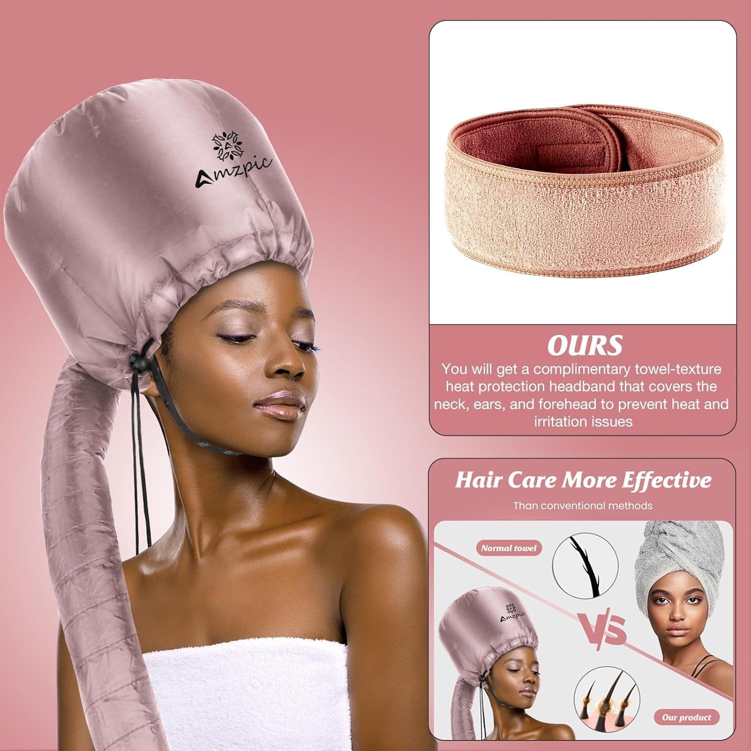 Bonnet Hood Hair Dryer Attachment - Soft, Adjustable Extra Large Bonnet Hair Dryer for Speeds up Drying Time at Home, Easy to Use for Styling, Curling and Deep Conditioning (Pink)