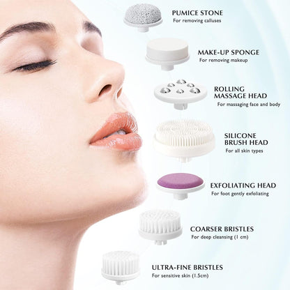 Facial Cleansing Brush Silicone Face Scrubber: 7 in 1 FBS-D Electric Exfoliating Rotating Massage Device Waterproof Deep Cleaning Exfoliation Spa Machine - Electronic Skin Care Wash System