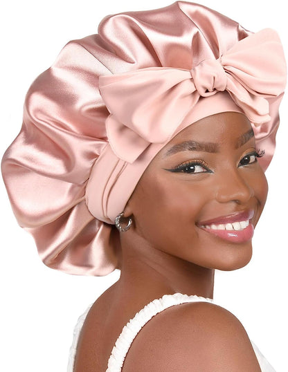 Double Layer Satin Lined Silk Bonnet for Women with Tie Band - Ideal for Curly Hair Care During Sleep